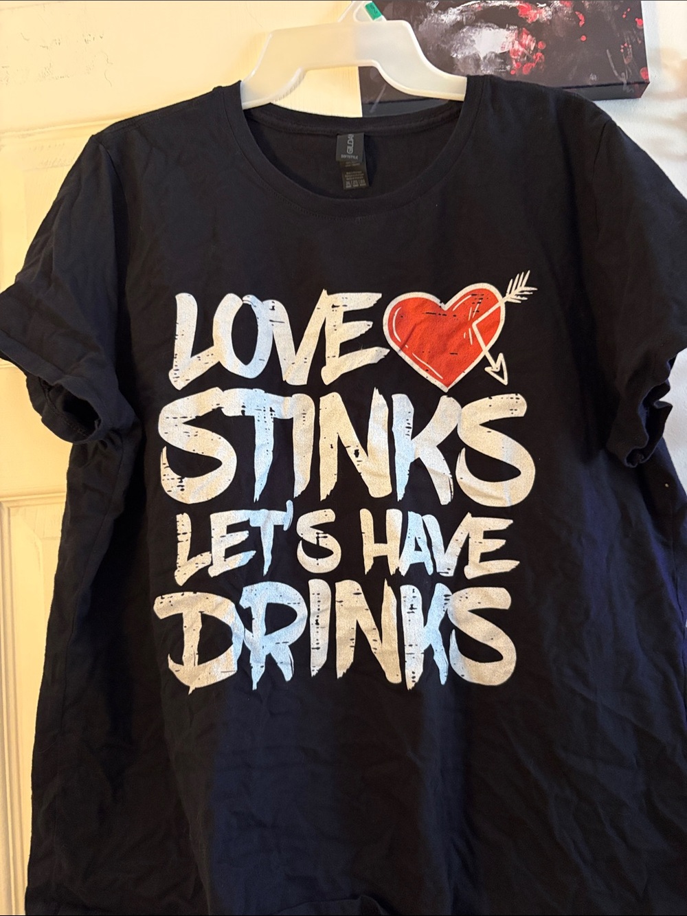 Gildan Black Tee with White Slogan and Red Heart Graphic